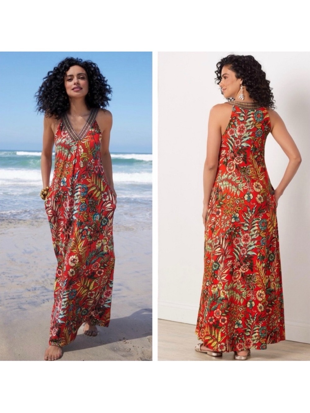 Soft Surroundings Onani Maxi Dress Vermillion Red Floral Sleeveless size small